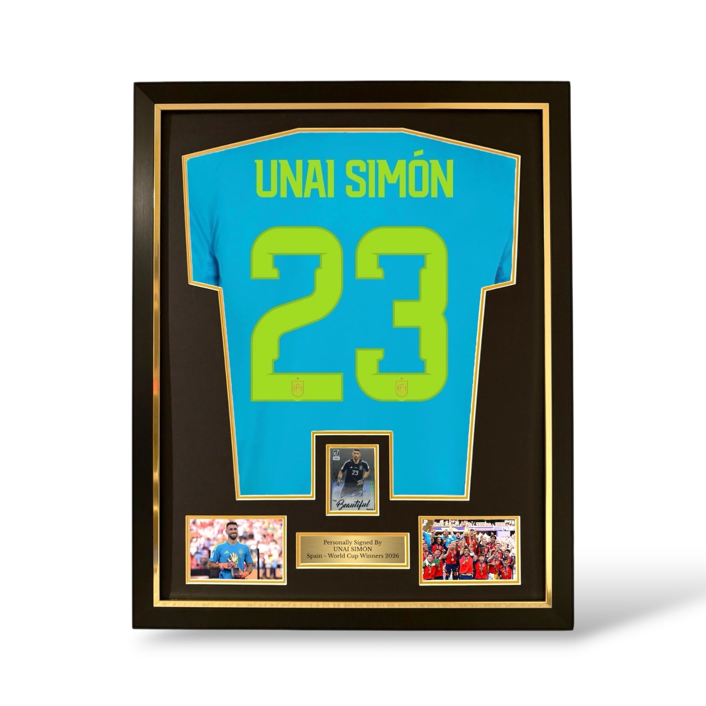 Unai Simon Signed Official Panini Donruss Auto Card/ Spain World Cup 2026 GK Shirt- Deluxe Framed
