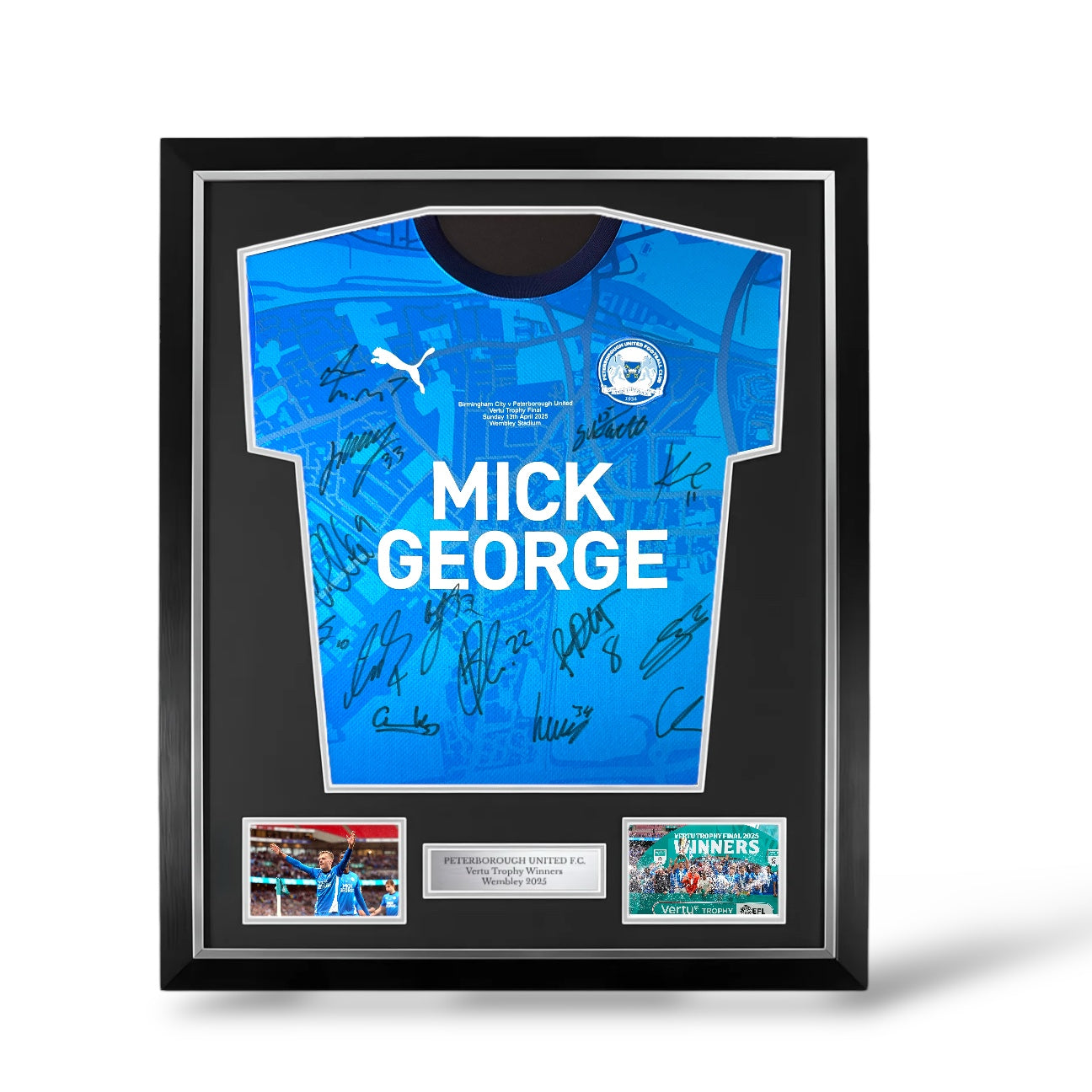 Peterborough United Vertu Trophy Winners 2024/25 Squad Signed Home Shirt- Deluxe Framed