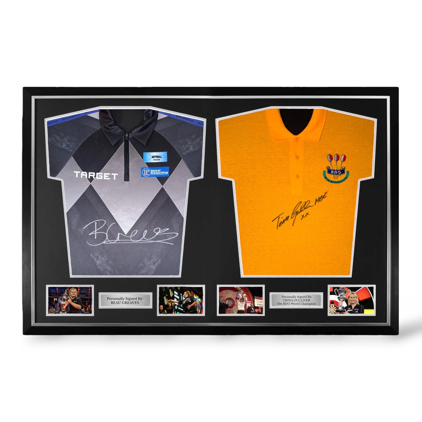 Beau Greaves and Trina Gulliver Signed Official Darts Shirts- Dual Deluxe Framed