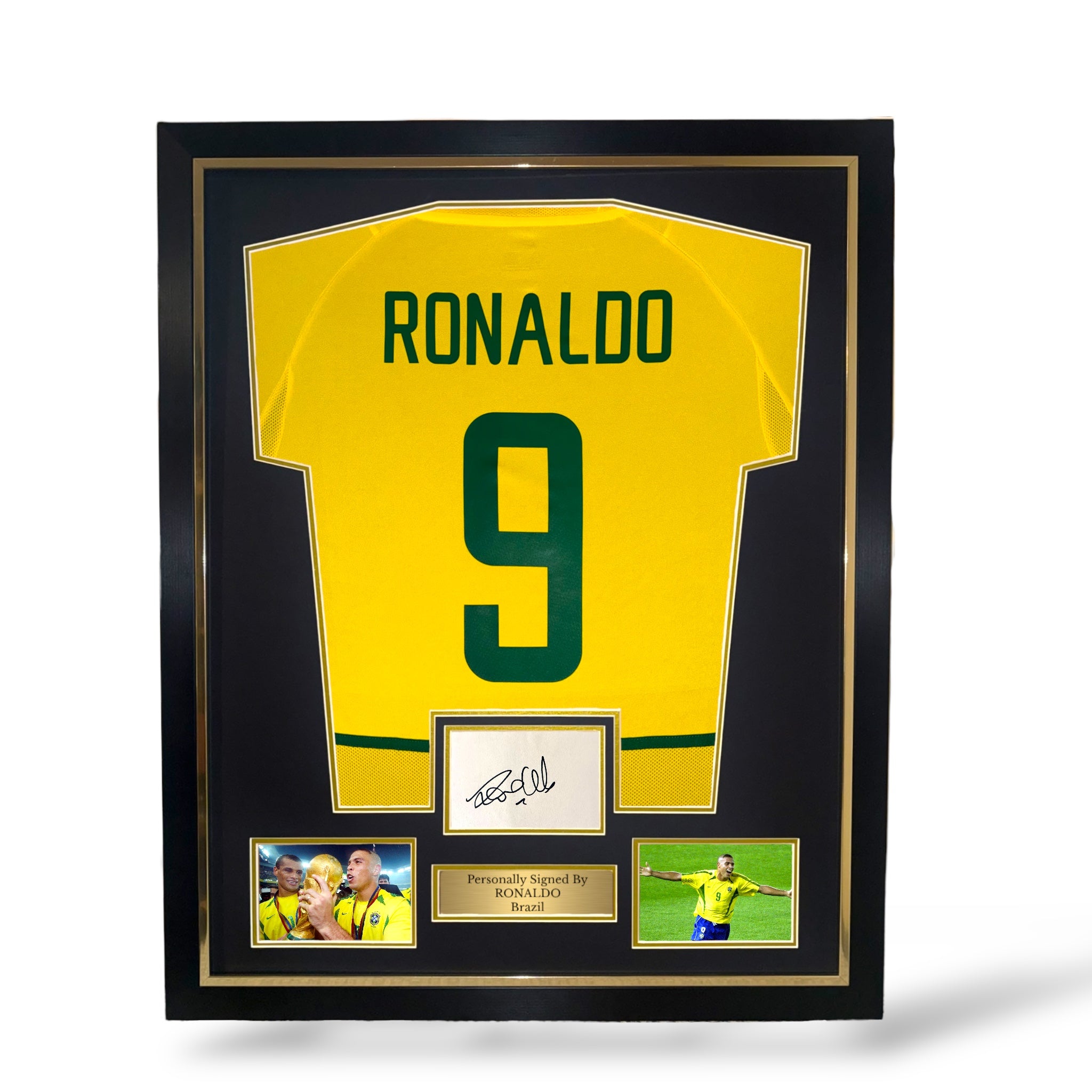 Ronaldo R9 Signed Card/ Brazil 2002 Home Shirt- Deluxe Framed – Sportabilia