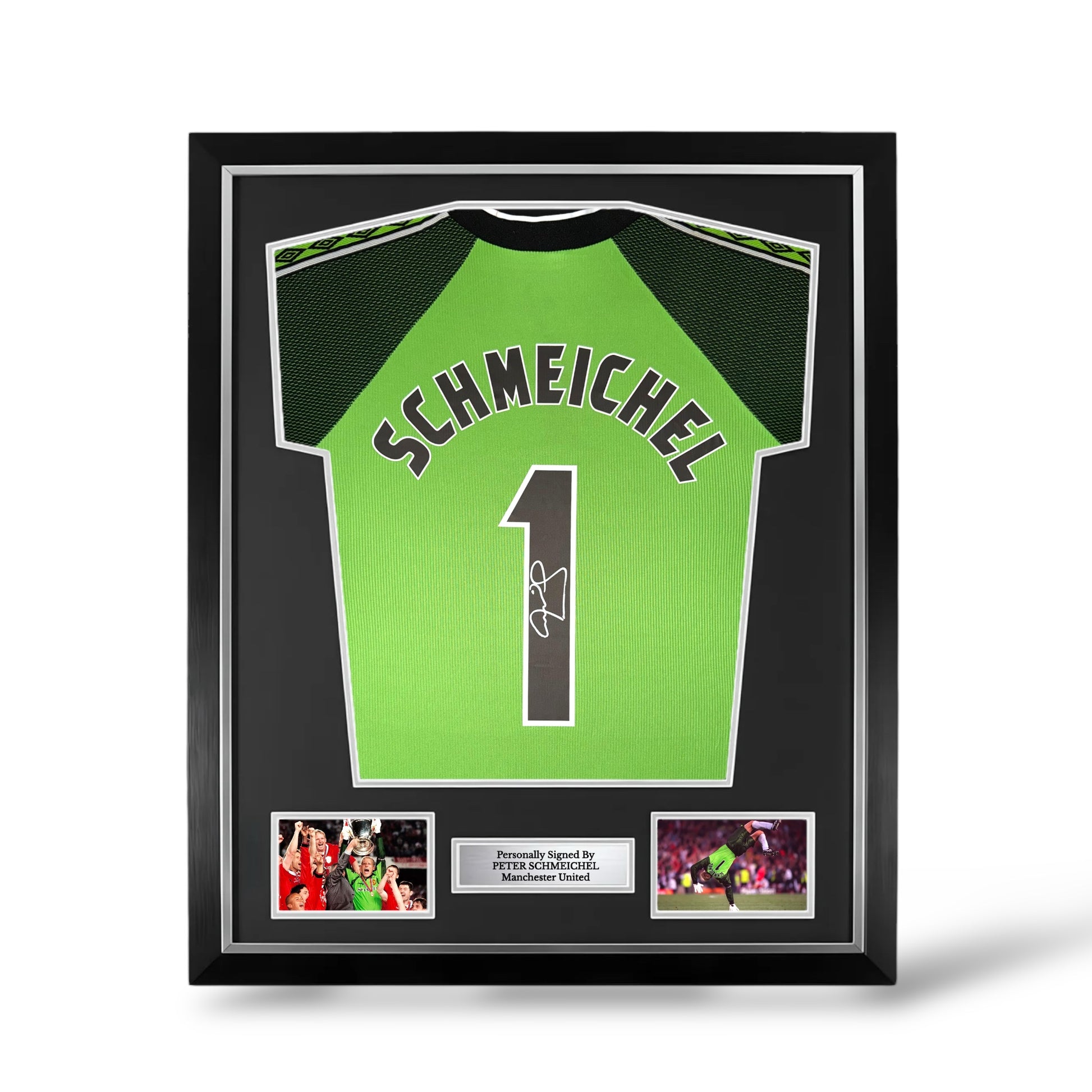 Framed green Manchester United shirt with 'Schmeichel' and number '1', signed