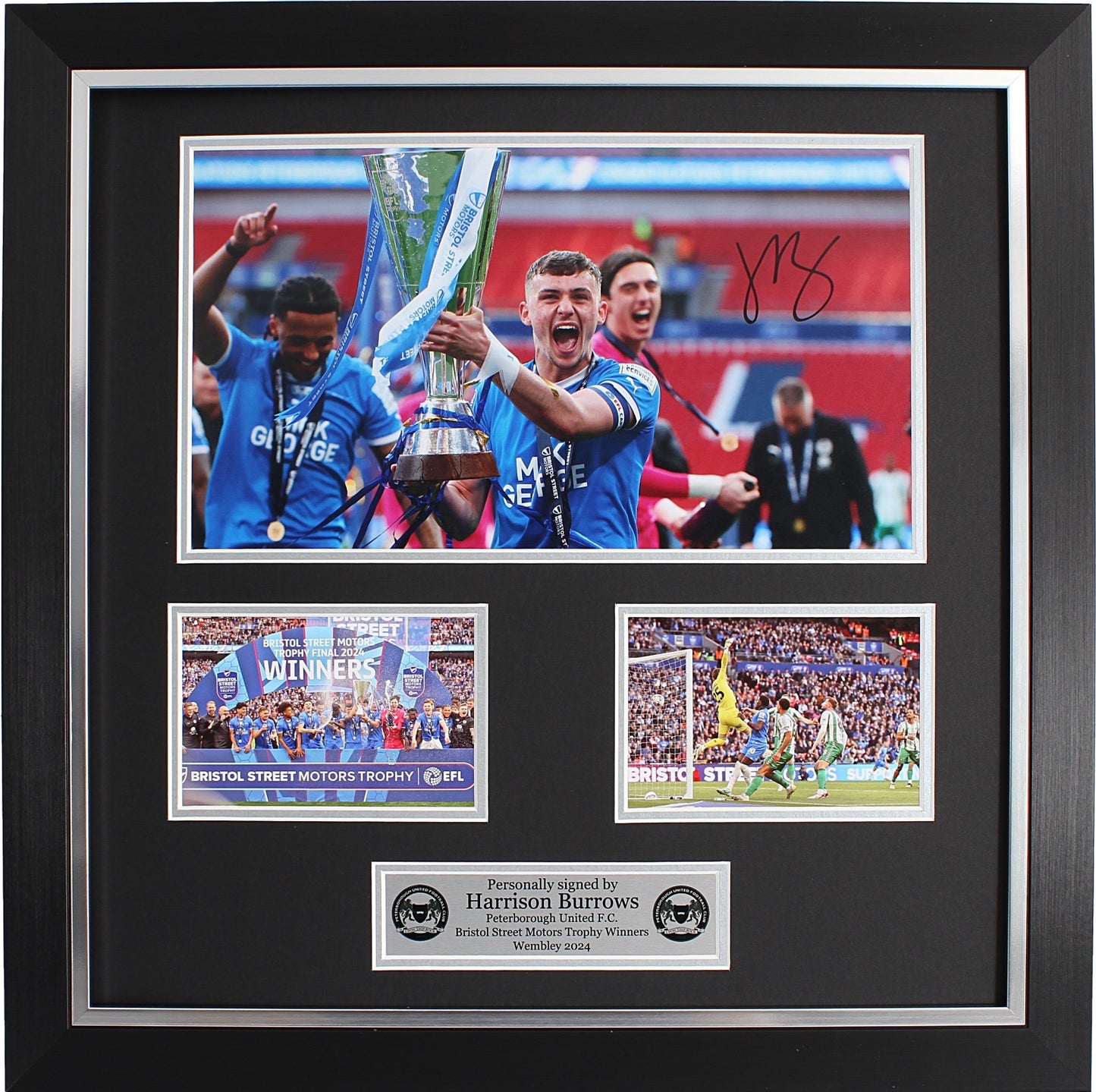 Harrison Burrows Signed Photo ‘With Trophy’ Montage/Peterborough United Wembley Winners 2024- Deluxe Framed
