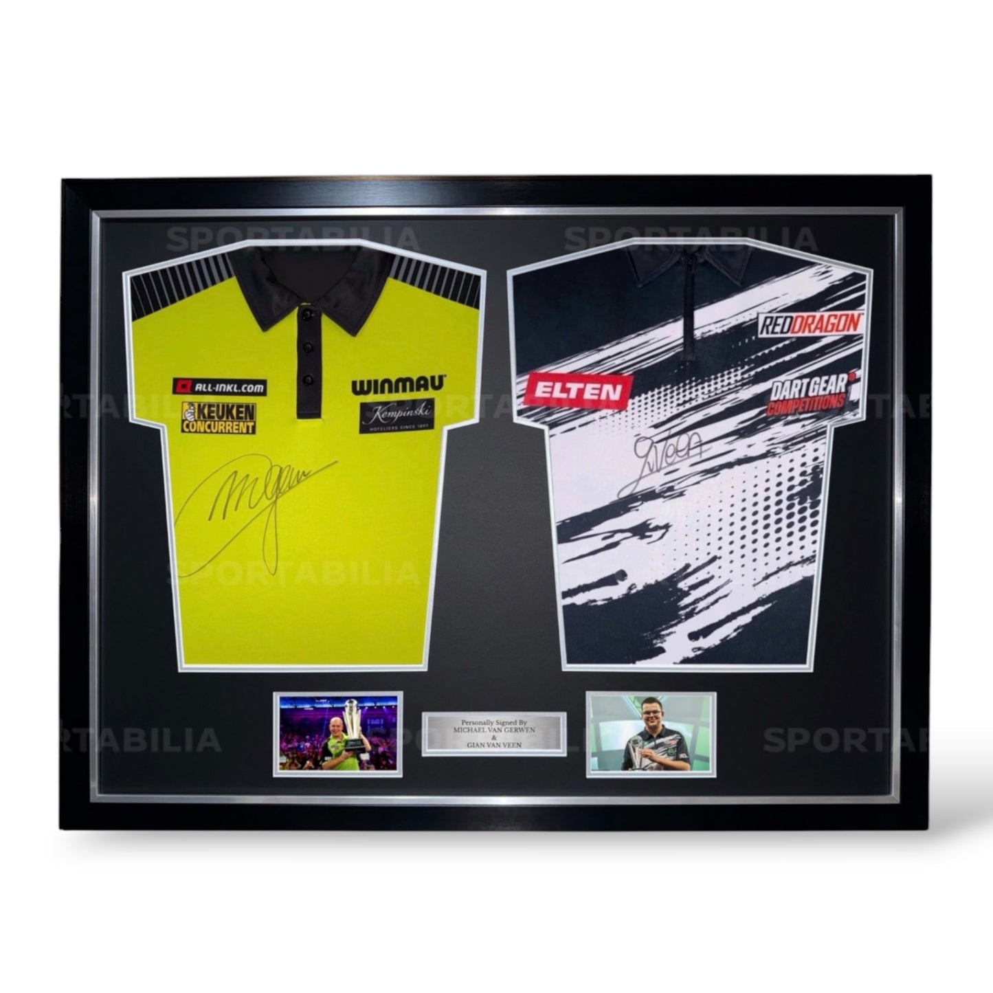 Michael Van Gerwen and Gian Van Veen Signed Official Darts Shirts- Dual Deluxe Framed