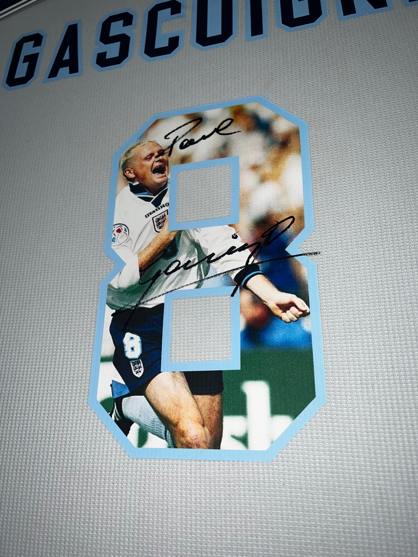 Paul Gascoigne Signed Official Score Draw Retro England Euro 1996 Home Shirt, Photo Number- Deluxe Framed