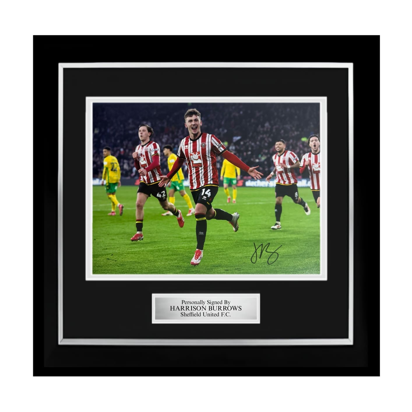 Harrison Burrows Signed 14x11 Photo ‘Sheffield United Brace v Norwich’- Deluxe Framed