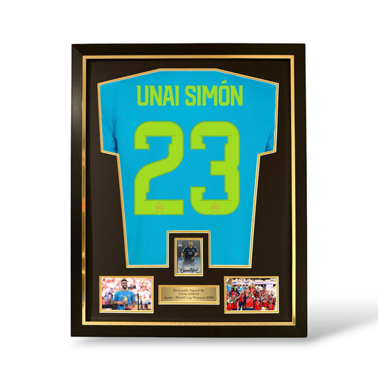 Unai Simon Signed Official Panini Donruss Auto Card/ Spain World Cup 2026 GK Shirt- Deluxe Framed