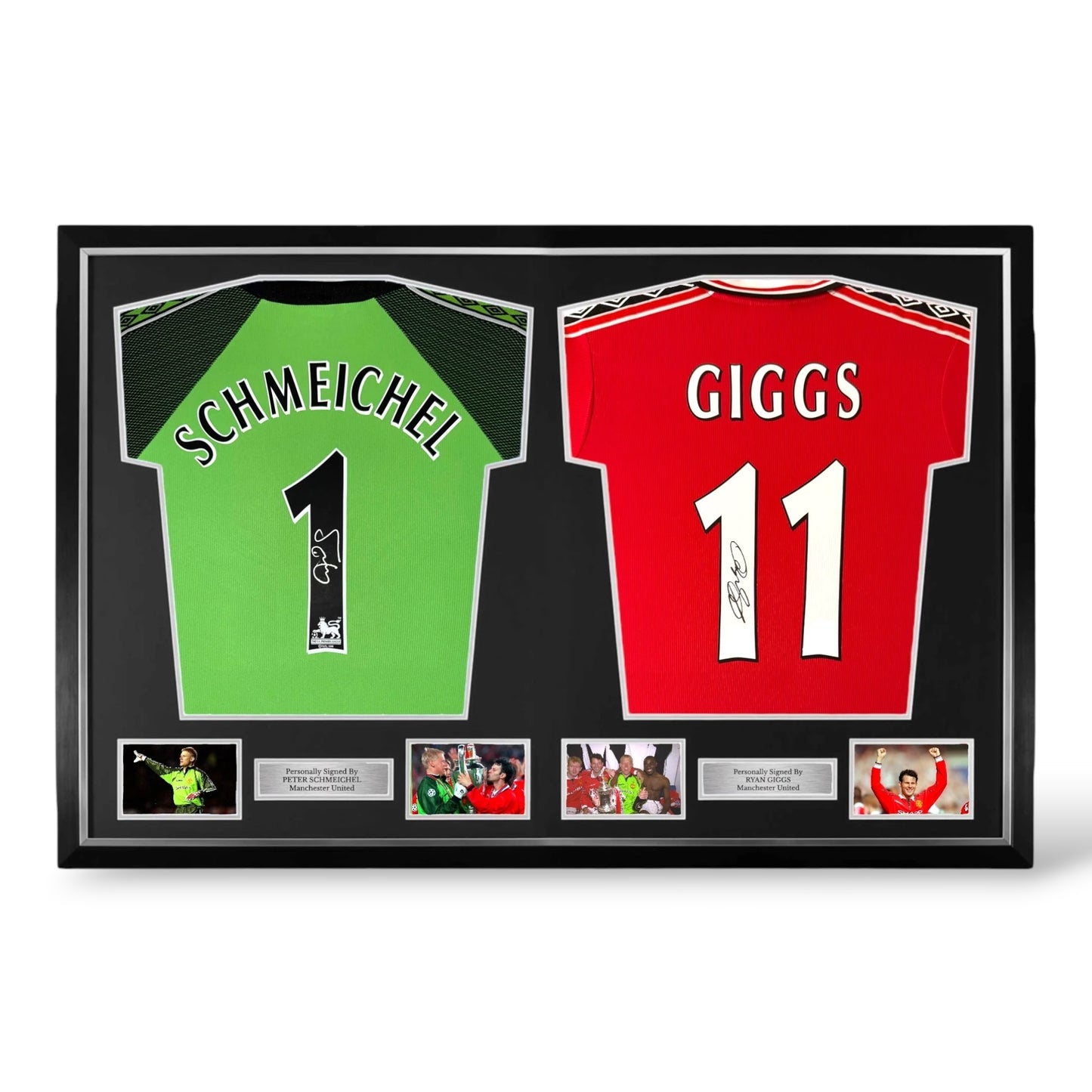 Peter Schmeichel and Ryan Giggs Signed Manchester United 1998/99 Shirts- Dual Deluxe Framed