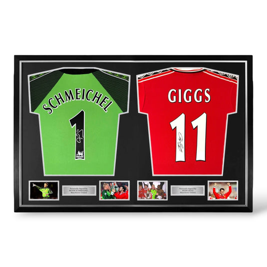 Peter Schmeichel and Ryan Giggs Signed Manchester United 1998/99 Shirts- Dual Deluxe Framed