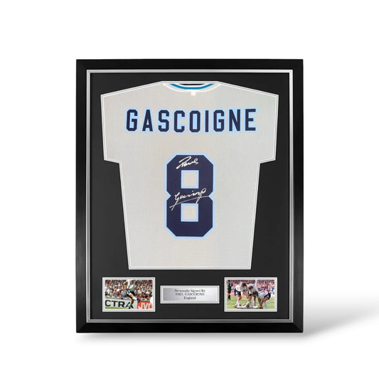 Paul Gascoigne Signed Official Score Draw Retro England Euro 1996 Home Shirt- Deluxe Framed