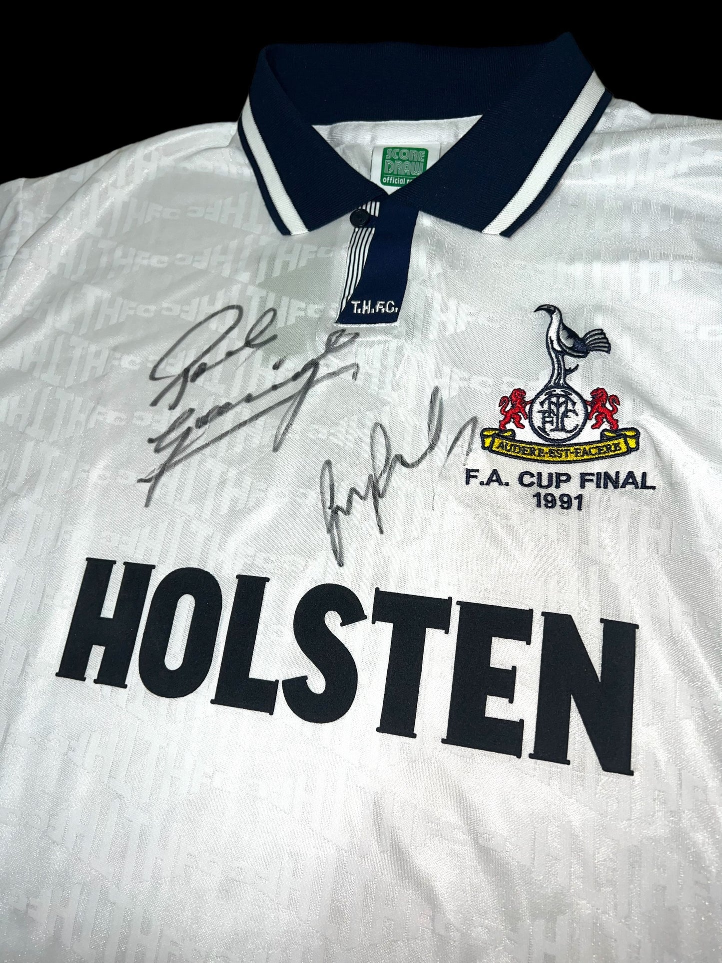 Paul Gascoigne ‘Gazza’ and Gary Lineker Dual Signed Official Score Draw Retro Tottenham 1991 FA Cup Final Shirt