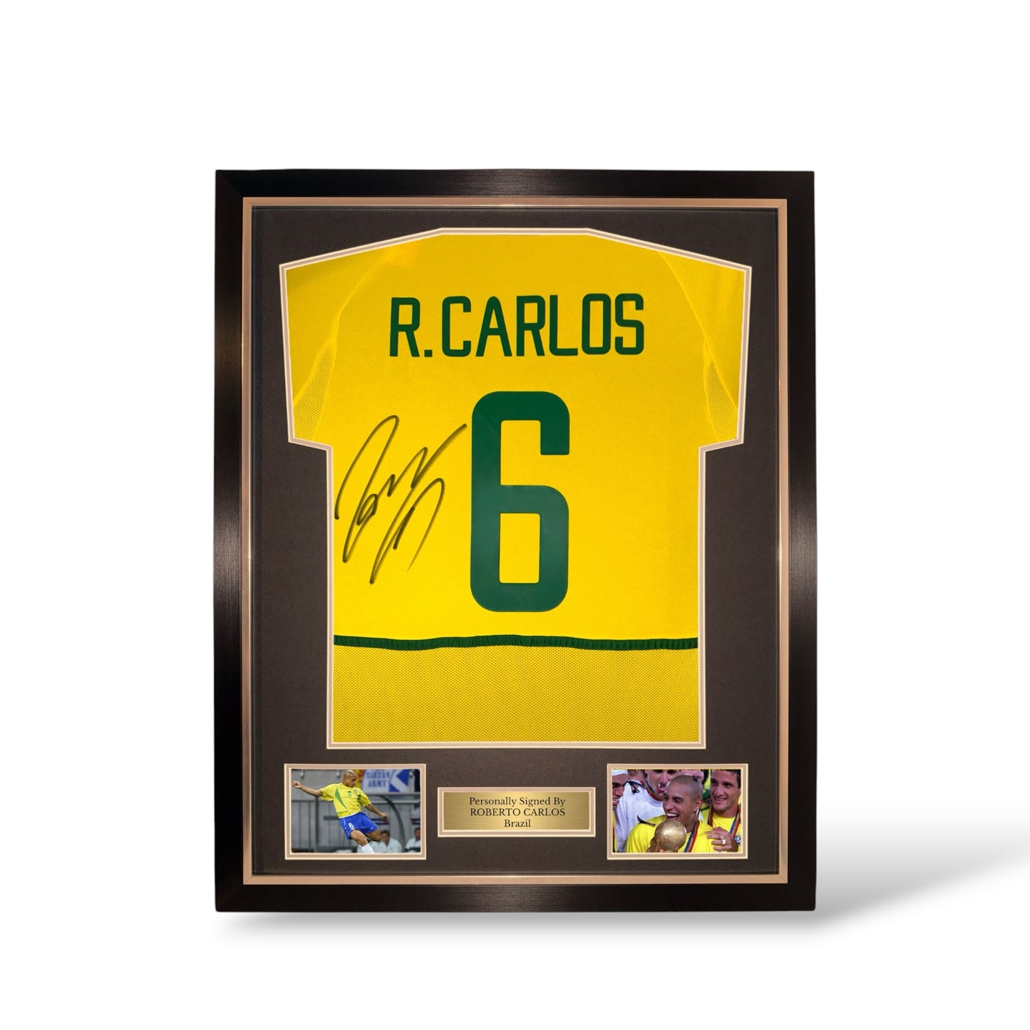 Roberto Carlos Signed Brazil 2002 Home Shirt- Deluxe Framed