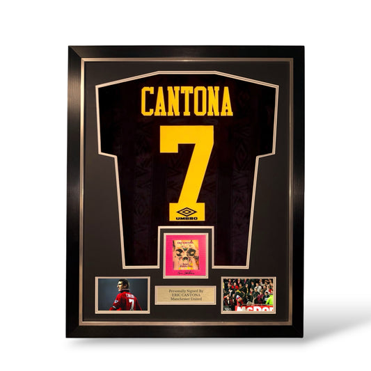 Eric Cantona Signed Album/ Man United 1993-95 Away Shirt- Deluxe Framed